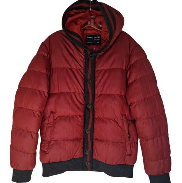 Robert Phillipe Men's Hooded Puffer Jacket Size XL Maroon - Picture 3 of 9